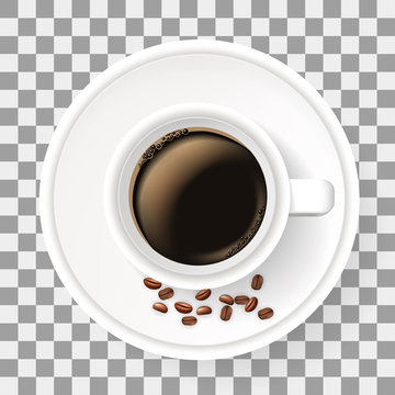 Top view of cup on saucer with coffee beans. Realistic object on the transparent background. Americano coffee.