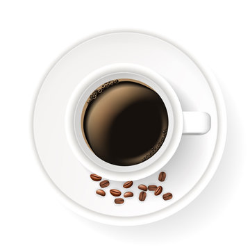 Realistic cup on saucer with coffee beans. Top view. Element isolated on the white background. Americano coffee.