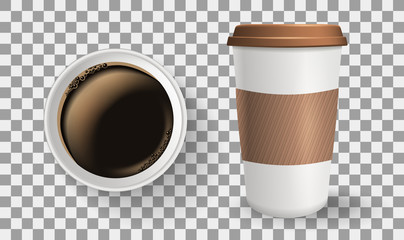 Top view of to go paper coffee cup. Realistic vector composition. Takeaway cup with lid and protective ripple sleeve isolated on the transparent background.