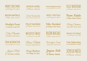 Christmas wishes in different languages: English, French, Spanish, German and Polish. Vector.