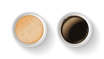 Top view of two takeaway paper coffee cups isolated on the white background.Realistic vector composition. Coffee without and with milk.