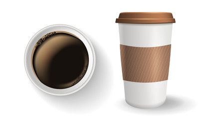 Top view of takeaway paper coffee cup. Vector composition. Realistic to go paper coffee cup with lid and protective ripple sleeve.