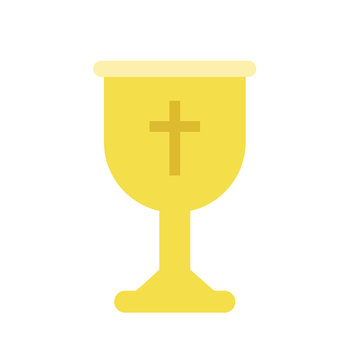 Golden cup or goblet chalice for Christian worship. Liturgical vessel for sacramental wine or holy communion. Isolated flat vector illustration