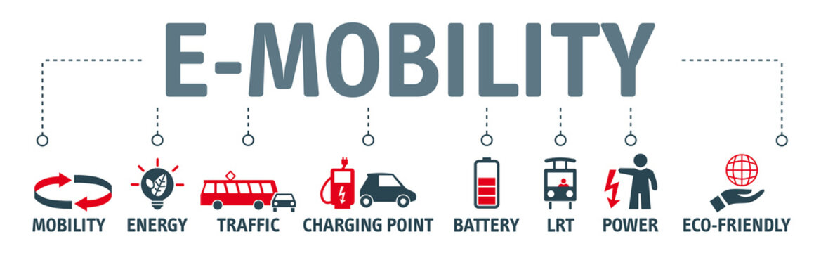 Banner e-mobility concept vector illustration with Symbols and keywords