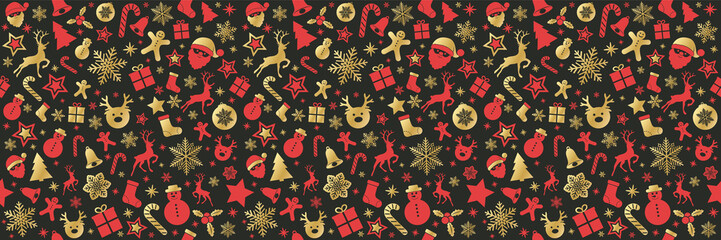Panoramic seamless pattern with Christmas decorations. Vector.