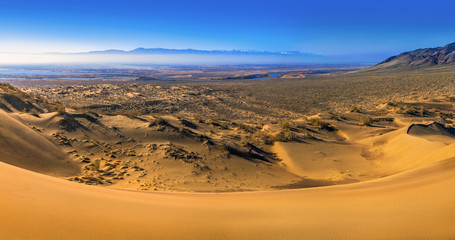 Panoramic view from the Singing Barkhan. National natural park Altyn Emel. Kazakhstan.