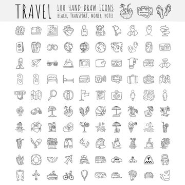 Travel hand draw icons. Icon lined cartoon collection about adventure, outdoor activities, beach, summer, travelling, get a vacation and extremal sport. Traveling icon set