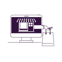 desktop computer front view with online store and shopping bag in screen in purple dotted silhouette