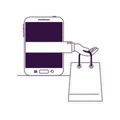 tablet device with hand holding shopping bag of purchase online in purple dotted silhouette