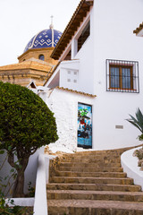 View of the climb to the church of Altea, mediterranean village of the Alicante coast, Benidorm, Spain