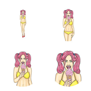 Set of vector pop art round avatar icons for users of social networking, blogs, profile icons. Young pin-up girl, teenager with pink hair holds a waffle cone with melting ice cream in her hand