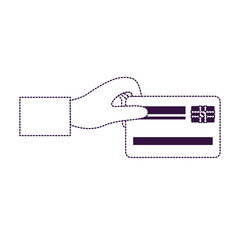 hand holding a credit card in purple dotted silhouette