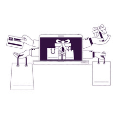 online purchases of gifts with credit card on laptop in purple dotted silhouette