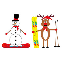 cartoon deer skier and snowman snowboarder