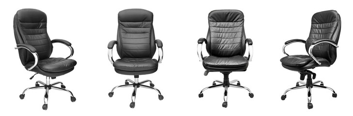 Assorted set of black leather office chairs isolated on white - 185284323