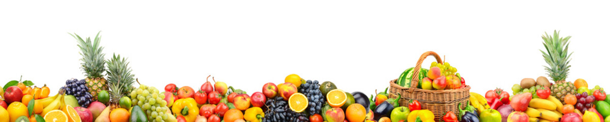 Fototapeta na wymiar Panoramic wide photo with variety of fresh fruits and vegetables isolated on white background.
