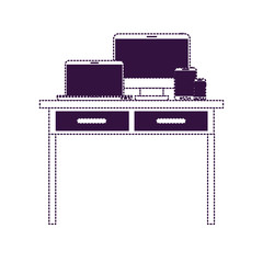 desk table with drawers front view with tech devices above in purple dotted silhouette