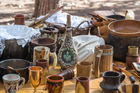 Viking dishes are on the table at the reconstruction of the life of the Vikings - "Viking Village" in the forest near Ben Shemen in Israel