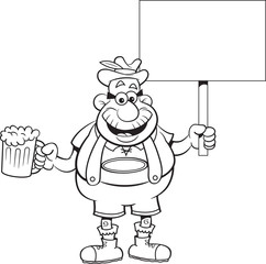 Black and white illustration of a man holding a beer mug and a sign.