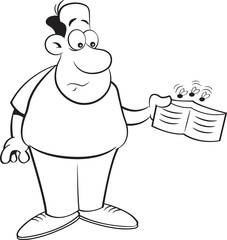 Black and white illustration of a man holding an empty wallet.
