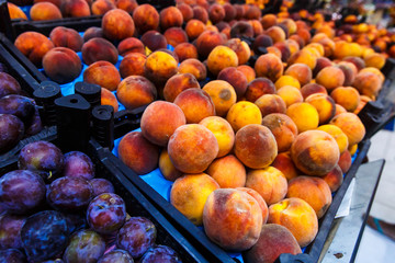 Shop bazaar fruits and vegetables. Set of plum fruits, peaches, grapes