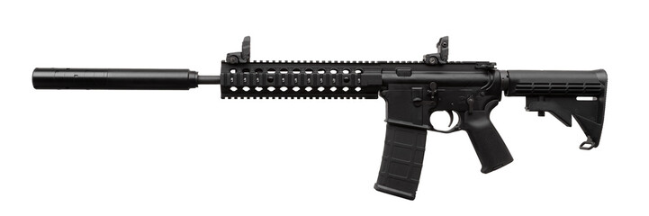 modern black carbine with a silencer isolated on white