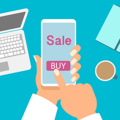 Mobile phone as online store. Online shopping vector illustration