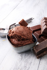 chocolate ice cream scoops with pieces of chocolate on wooden background