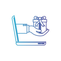 laptop computer and hand holding gift box of purchase online in degraded blue to purple color contour