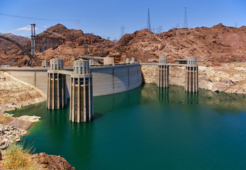 Upstream face of Hoover Dam, Lake Mead with intake towers
