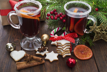 Christmas mulled wine, cookies, spices and ornaments