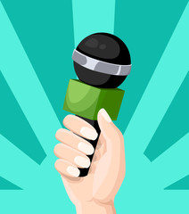 Microphon in reporter hands television interview blogging flat style vector illustration isolated on turquoise background website page and mobile app design