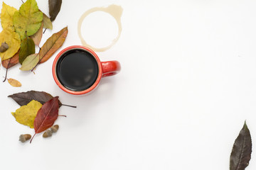 Obraz na płótnie Canvas fall leaves background with coffee mug 