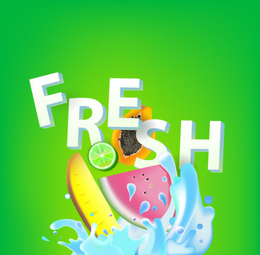 Summer poster with decorate text, tropical fruits and water splashes on green backdrop. Vector illustration.