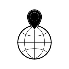 world globe and map pointer on top in black silhouette