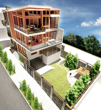 Modern villa  -3d rendering and design- mountainous climate - south view