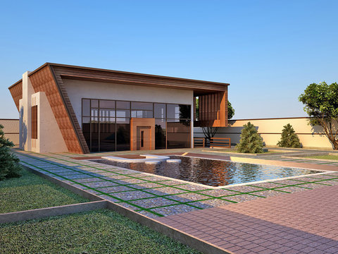 Modern villa- 3d rendering and design- Dream Wooden House-pool