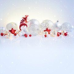 Christmas or New Year background with festive decorations. Snowman, christmas balls and lights.