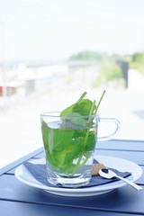 Green herbal tea with fresh mint leaves on a saucer with a spoon