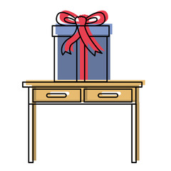 desk table with drawers front view with big gift box in watercolor silhouette