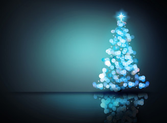 Blue ornament christmas tree. Digital decoration concept and glowing bokeh light background. Isolated and clipping path
