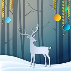 Merry Christmas 3d abstract paper cut illustration of deer in forest. Greeting card. Origami winter season. Happy New Year. Paper art style. Pastel background.
