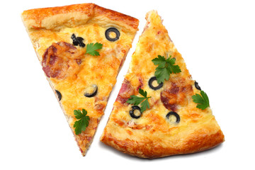 Piece of pizza with olives isolated on white background. top view