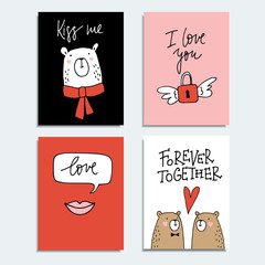 Set of cute hand drawn Valentines day or wedding cards, invitations with couple of bears, lips and flying padlock. Isolated vector objects, doodle sketches.
