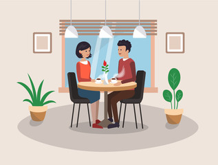 A couple in love is having supper in a cafe. Vector illustration.