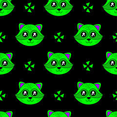 Cute kids raccoon pattern for girls and boys. Colorful raccoon, stars on the abstract background create a fun cartoon drawing. The raccoon pattern is made in pastel colors. Urban pattern for textile