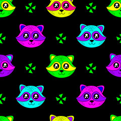 Cute kids raccoon pattern for girls and boys. Colorful raccoon, stars on the abstract background create a fun cartoon drawing. The raccoon pattern is made in pastel colors. Urban pattern for textile