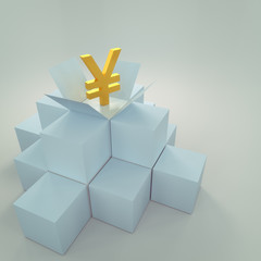 3D rendering of Chinese Yuan sign in cube box