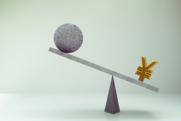 3D rendering of abstract Chinese Yuan and stone on balance scale