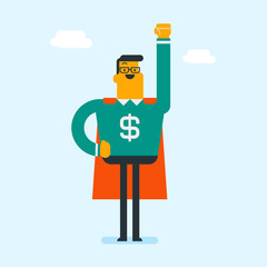 Young caucasian white strong businessman wearing superhero suit with red cape and dollar sign on chest